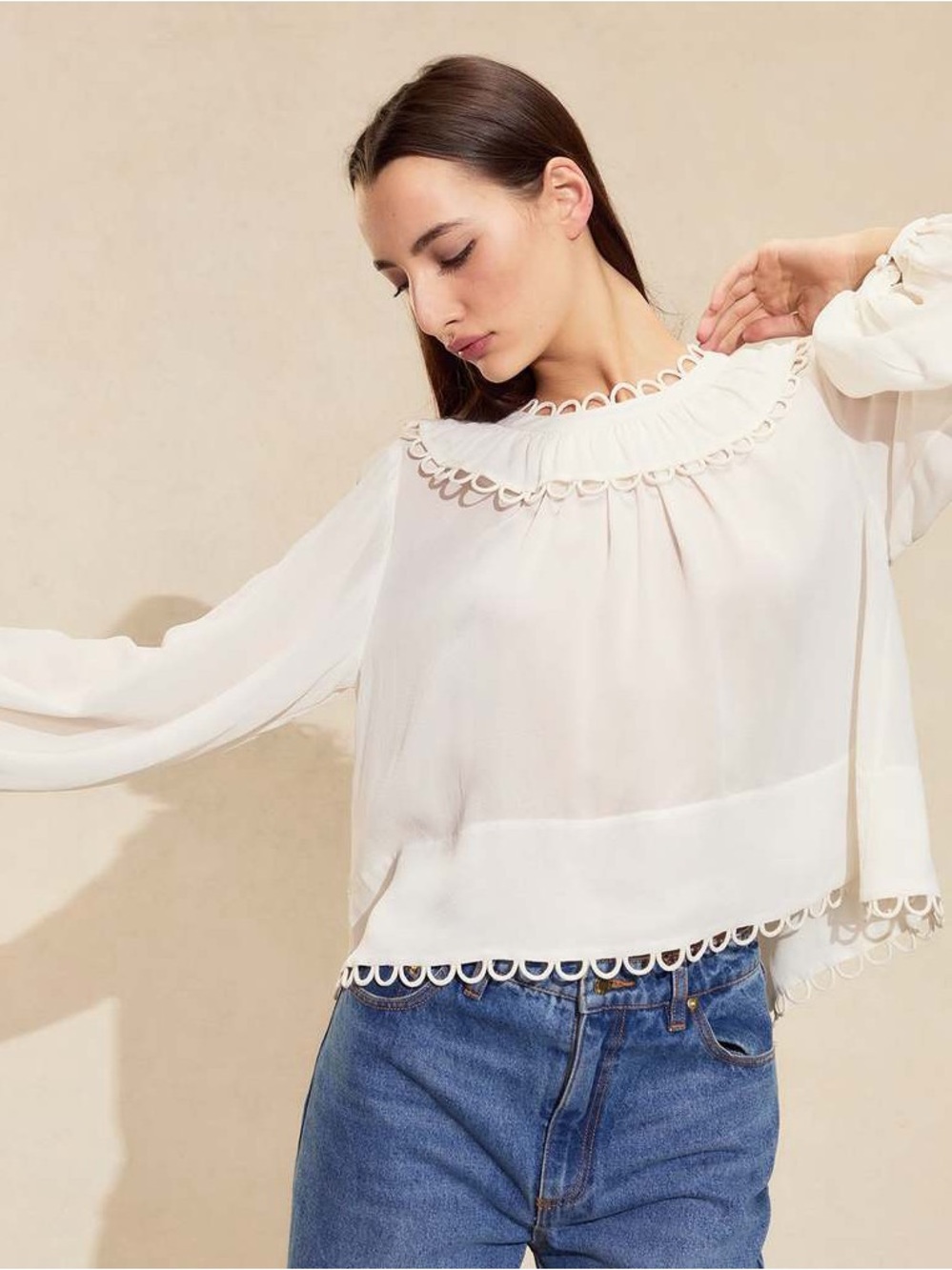 Cynthia Rowley Cream Crochet-Trim Peasant Blouse